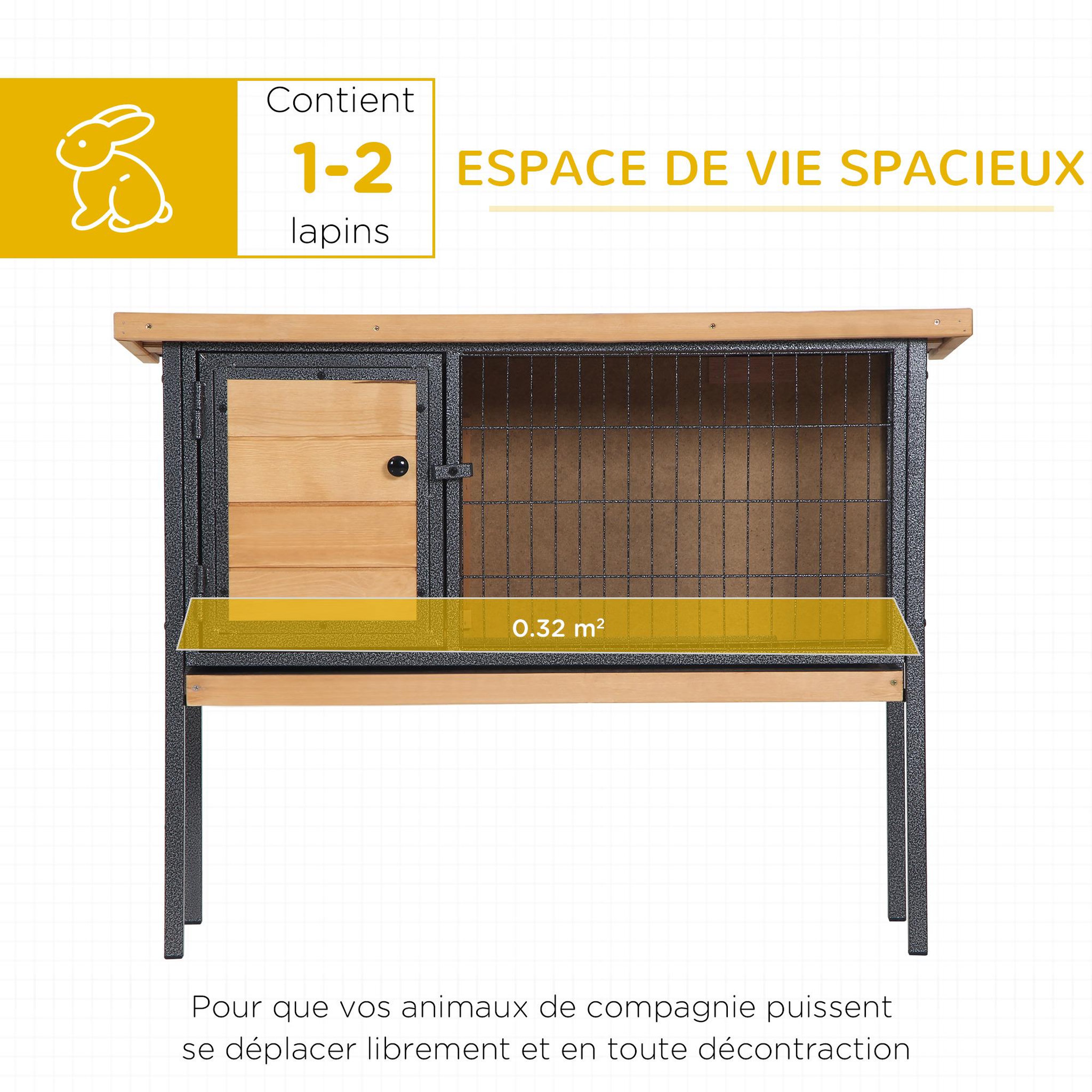 Voir la diapositive 4 : PAWHUT Cage à lapin clapier sur pied - toit ouvrable - dim. 91,5l x 45l x 70h cm - métal époxy bois pré-huilé