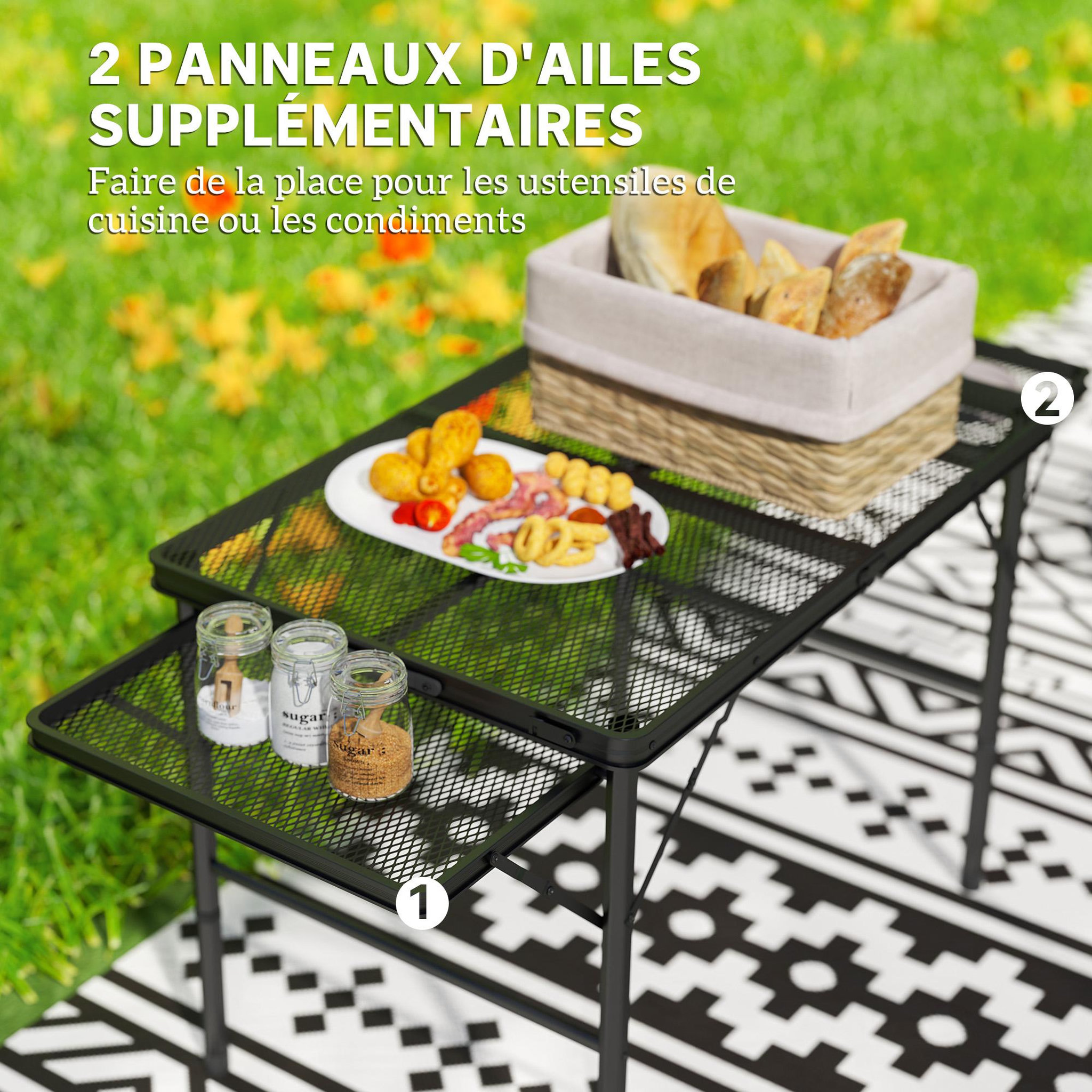 Voir la diapositive 4 : OUTSUNNY Table de camping pliante portable hauteur réglable 2 étagères piètement alu maille métal noir