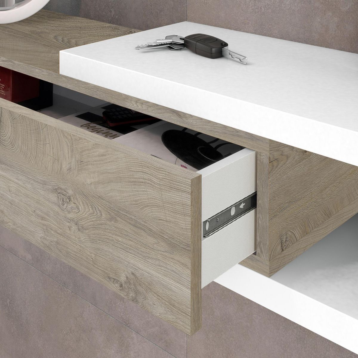 VS VENTA-STOCK Meuble d'entrée Moon avec 1 tiroir et Miroir, Chêne/Blanc, Meuble, 95 cm Largeur