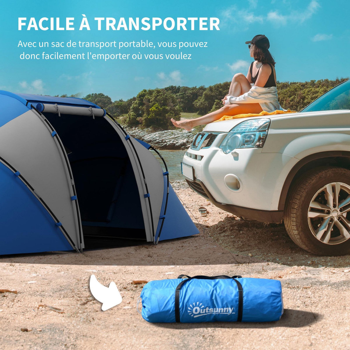 OUTSUNNY Tente de camping familiale 4-6 personnes 2 cabines fenêtre grande porte 4,3L x 2,4l x 1,7H m bleu blanc