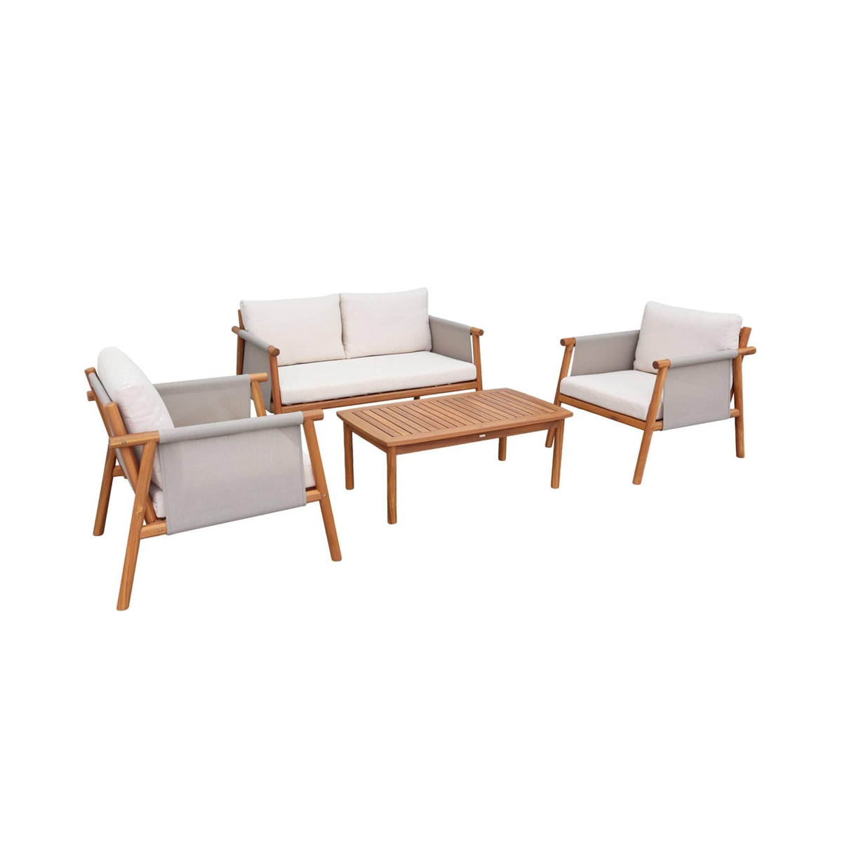 SWEEEK Salon de jardin bois d'acacia et tissu beige 4 places - Koa