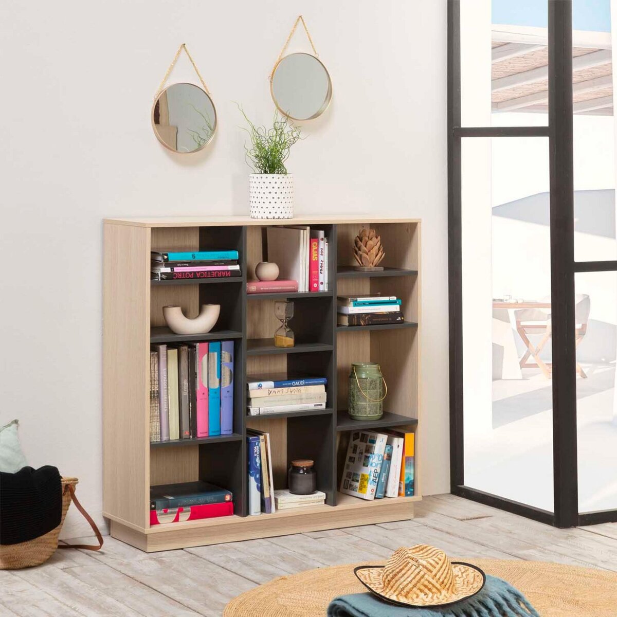 VS VENTA-STOCK Étagère Bibliothèque Vigo 110x110 cm , étagère pour bureau, couleur Chêne et Gris