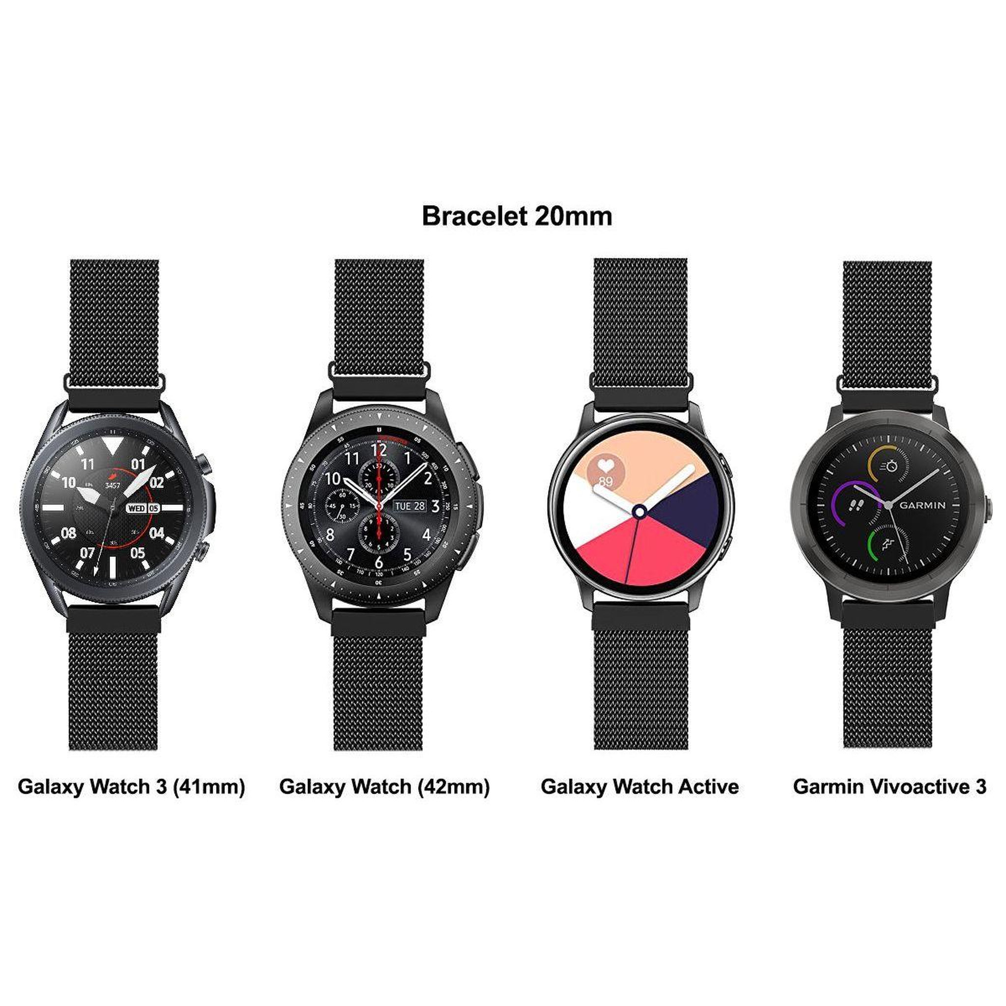 Voir la diapositive 2 : IBROZ Bracelet Samsung/Huawei 20mm Maille noir