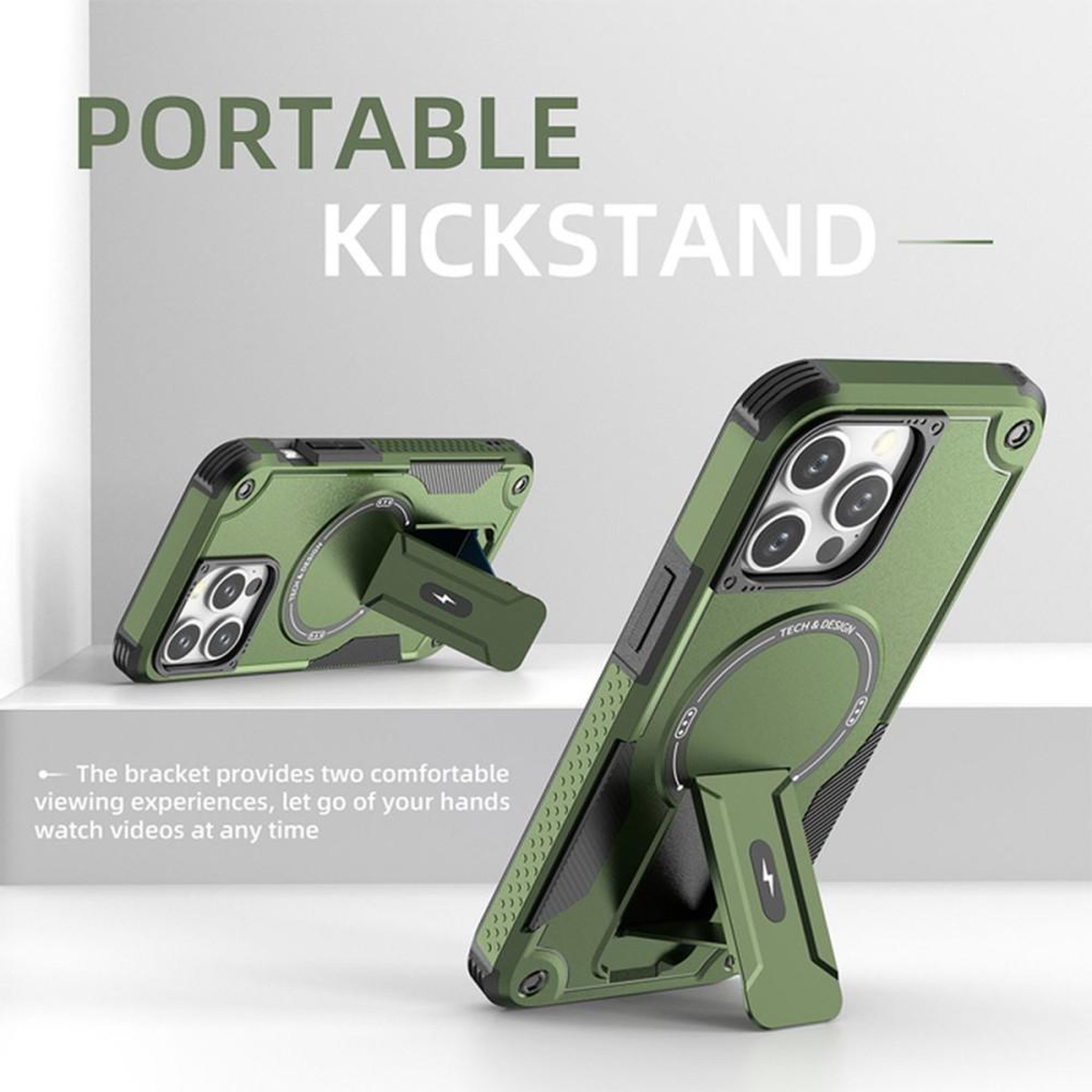 Voir la diapositive 4 : Coque iPhone 15 Pro Max MagSafe magnétique HCT Style verte anti-choc avec support intégré et anneau