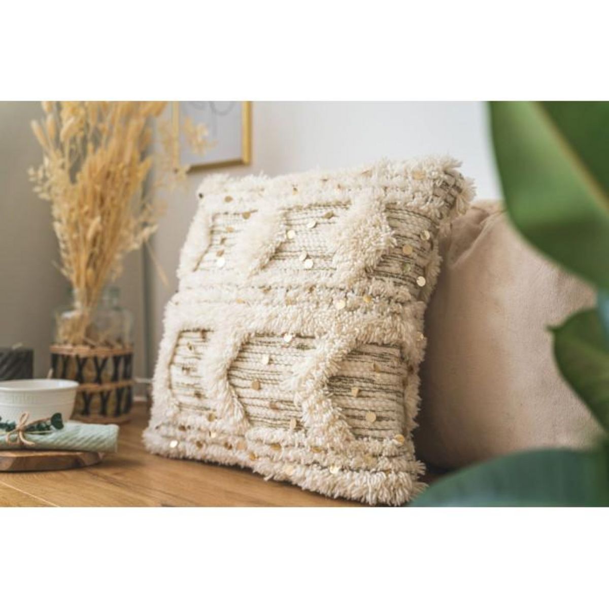 Paris Prix Coussin Tissé à la Main  Bohist  45x45cm Crème & Kaki