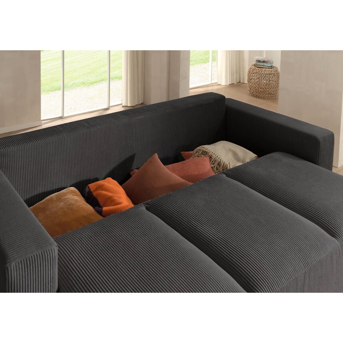 LISA DESIGN Livy - canapé droit convertible - avec coffre - en velours côtelé - 3 places