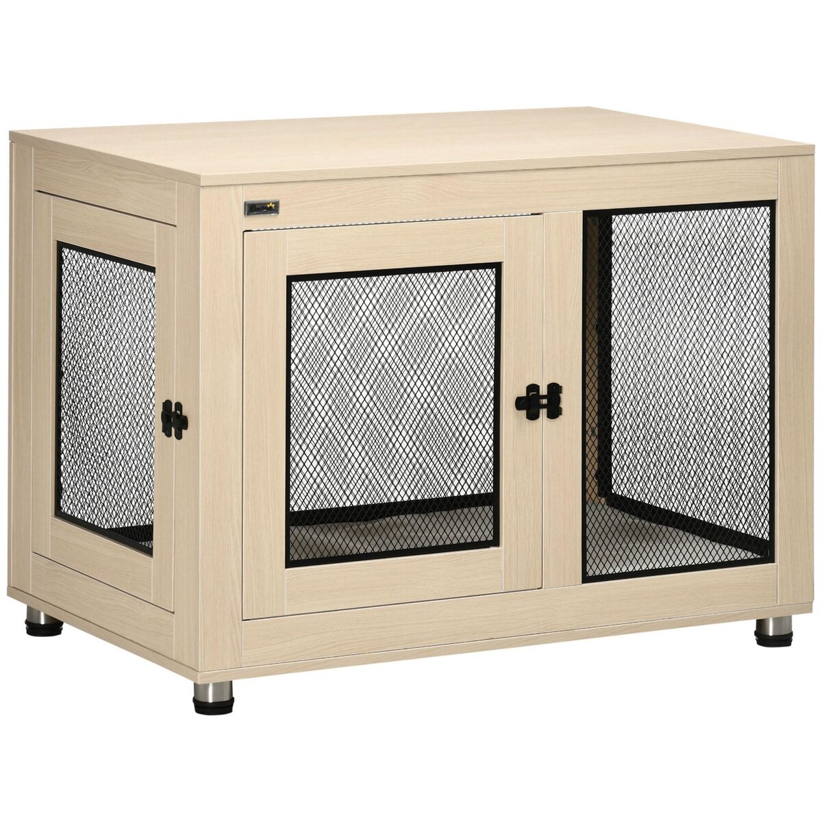 PAWHUT Cage pour chien sur pied style industriel - 2 portes verrouillables, coussin inclus - acier maillé noir panneaux aspect bois clair