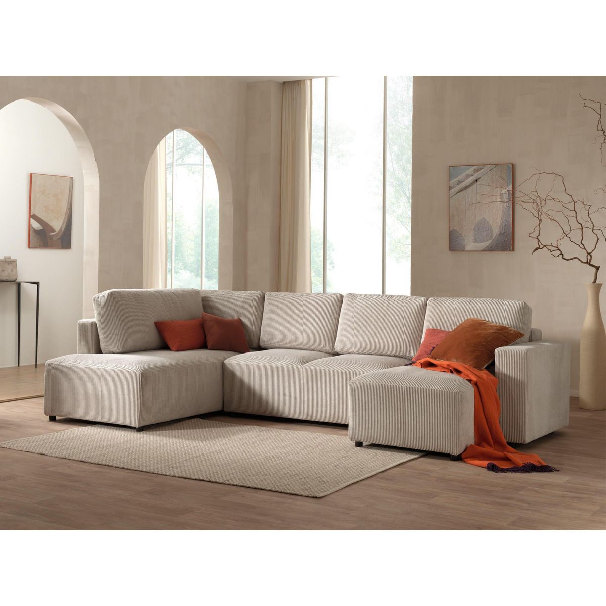 LISA DESIGN Livy - canapé panoramique convertible - avec coffre - en velours côtelé - 7 places - gauche