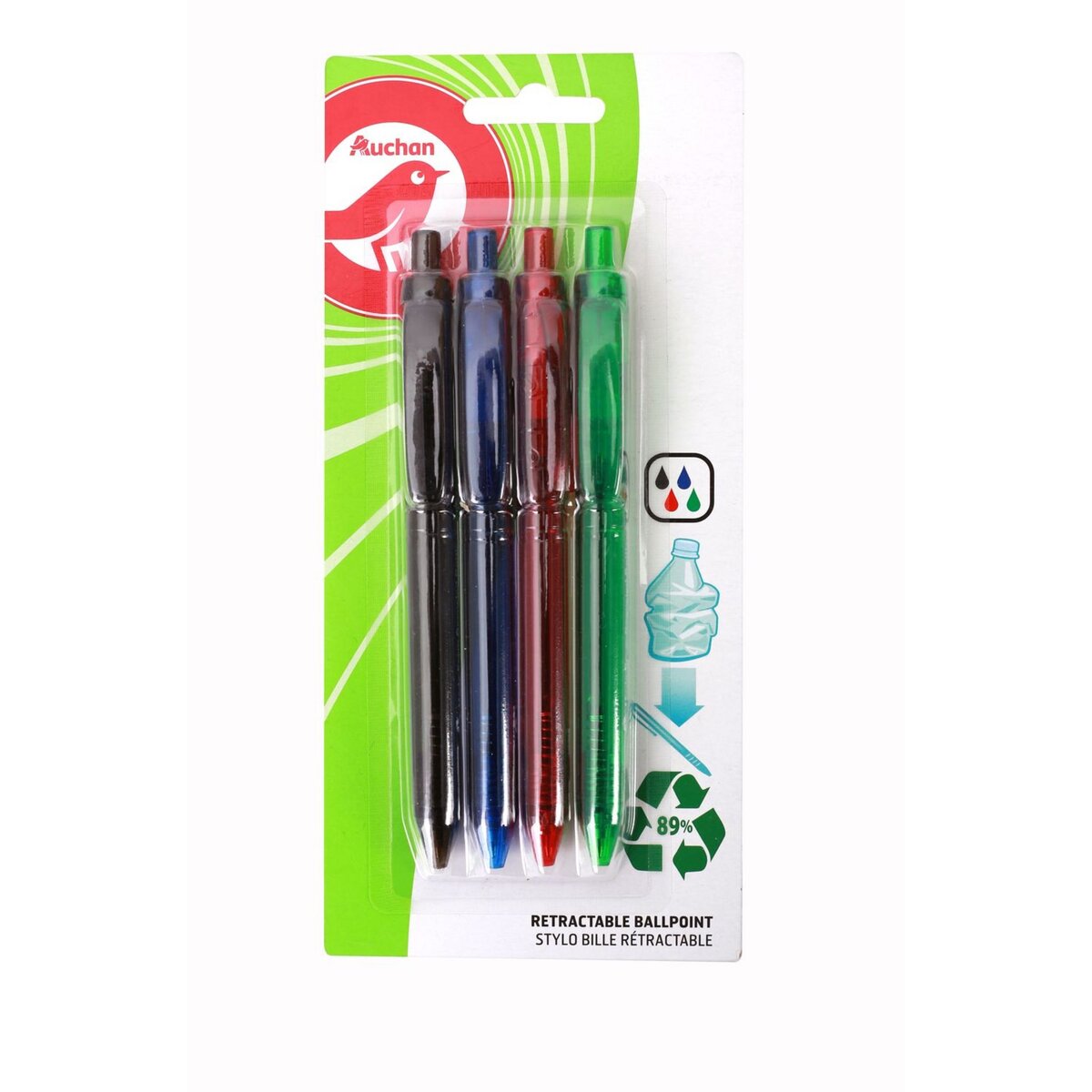 AUCHAN Lot de 4 stylos bille rétractable pointe moyenne bleu/rouge/vert/noir
