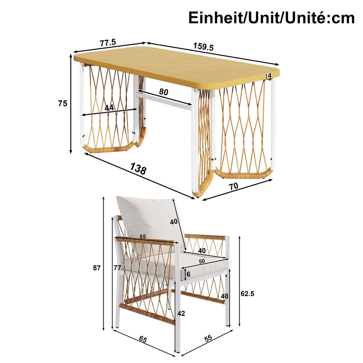MERAX Salon de jardin 6 places en fer avec 1 table, 6 chaises et coussins, blanc bois