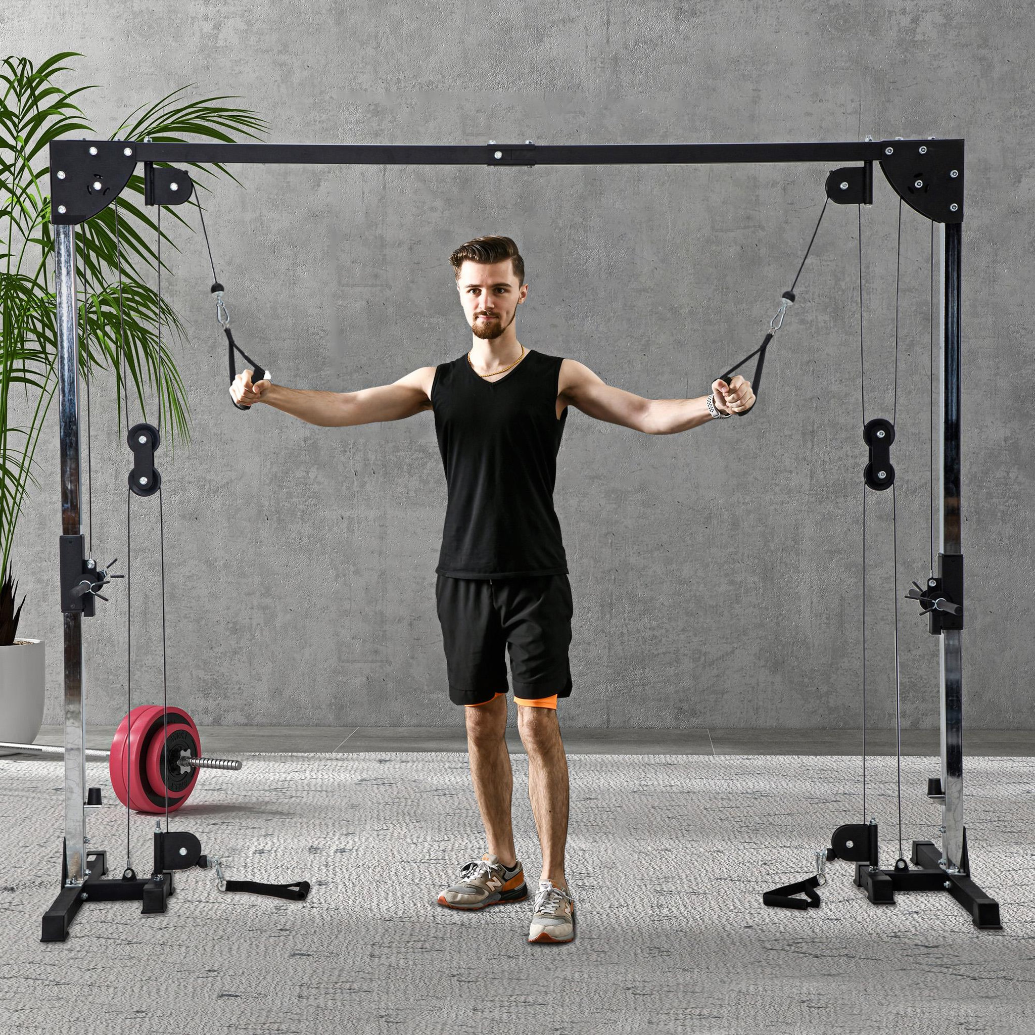 Voir la diapositive 2 : HOMCOM Appareil de musculation double poulie vis à vis crossover - charge libre avec haltère 2 x 50 kg - acier gris noir