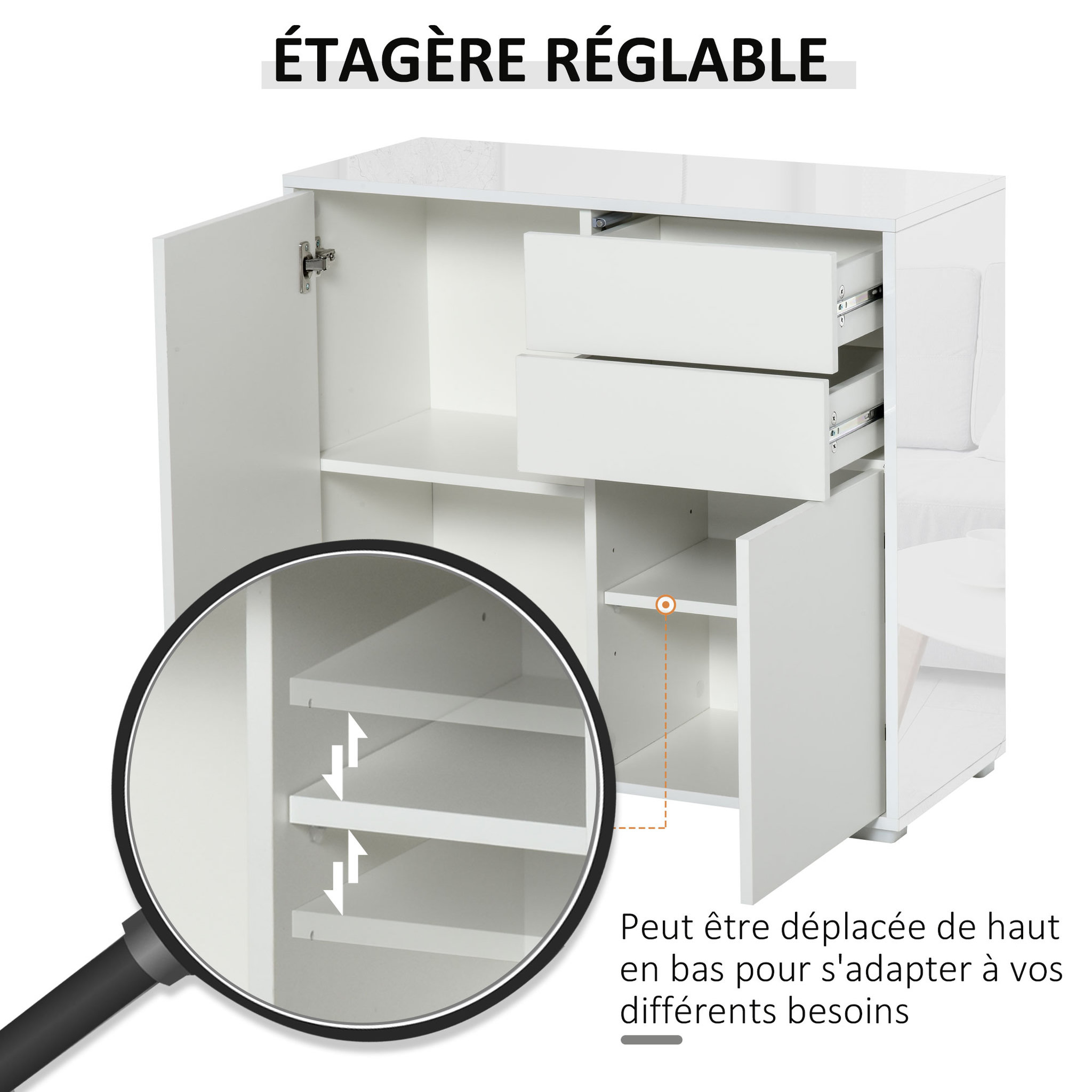 Voir la diapositive 5 : HOMCOM Commode buffet meuble de rangement 2 tiroirs 2 portes avec étagère 79 x 36 x 74 cm blanc