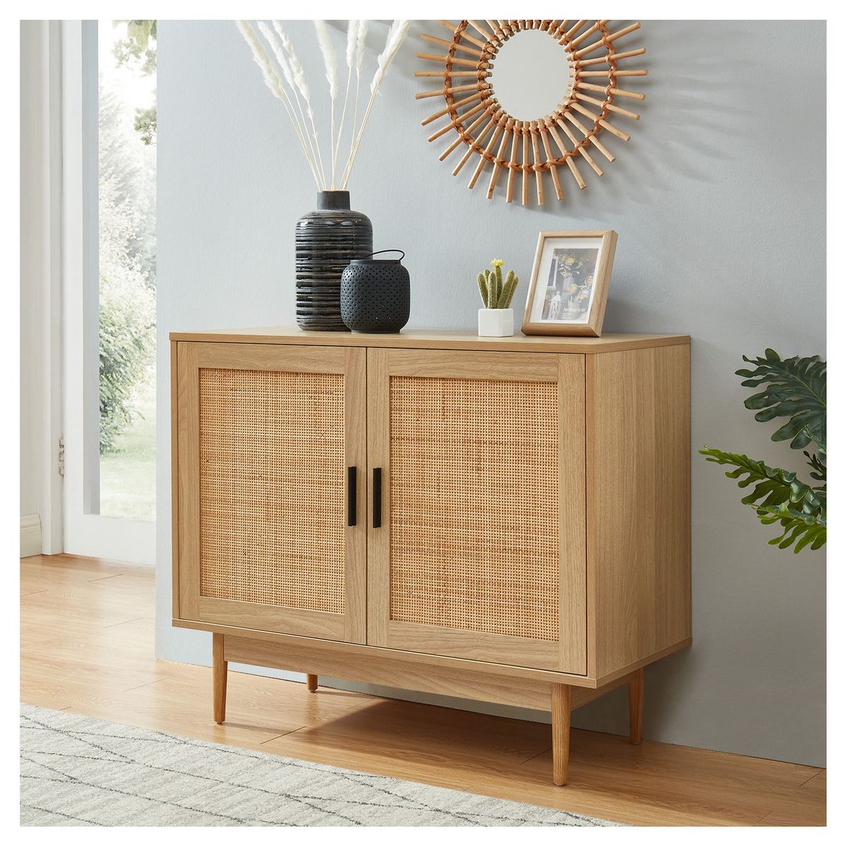 Buffet 2 portes cannage naturel - Décor imitation bois - L90cm AMANDINE