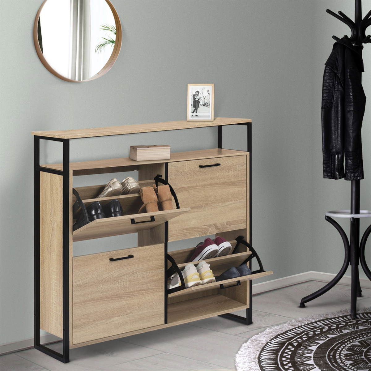 ID MARKET Meuble à chaussures 16 paires LUIS 4 portes avec étagère supérieure design industriel