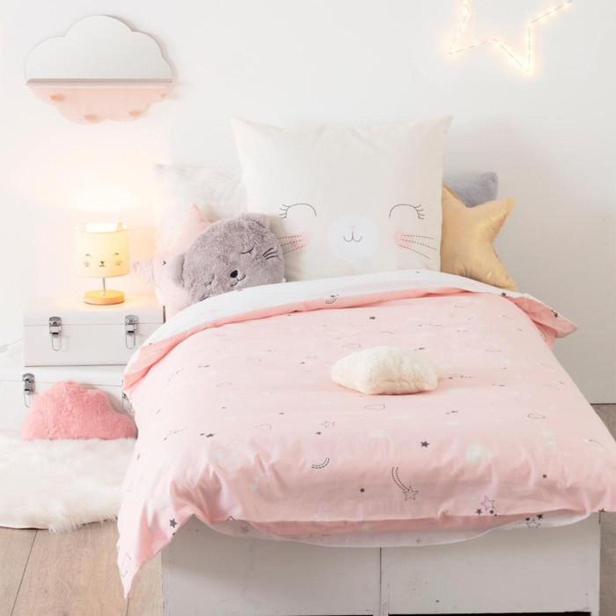 Voir la diapositive 1 : Atmosphera Kids Parure de Lit 2 Pièces  Chat  140x200cm Rose