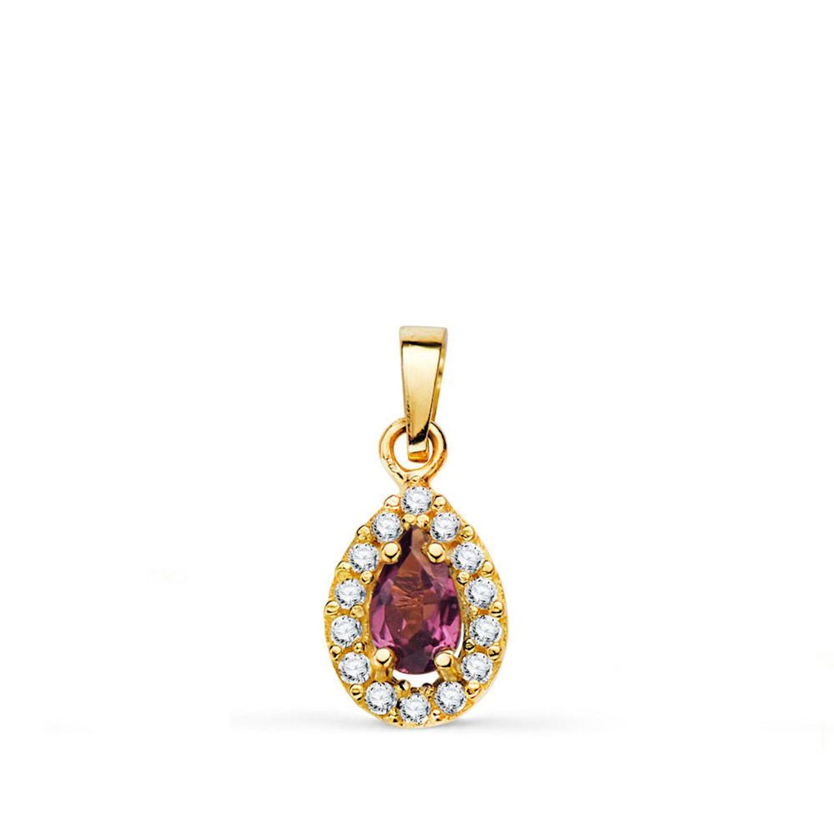 L'ATELIER D'AZUR Pendentif Or 18 Carats 750 Jaune Améthyste et Zirconiums - Motif Goutte - Chaine Offerte