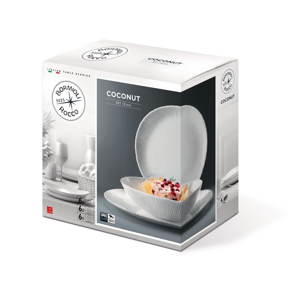 BORMIOLI ROCCO Service d'assiettes 18 pièces en opale COCONUT Blanc