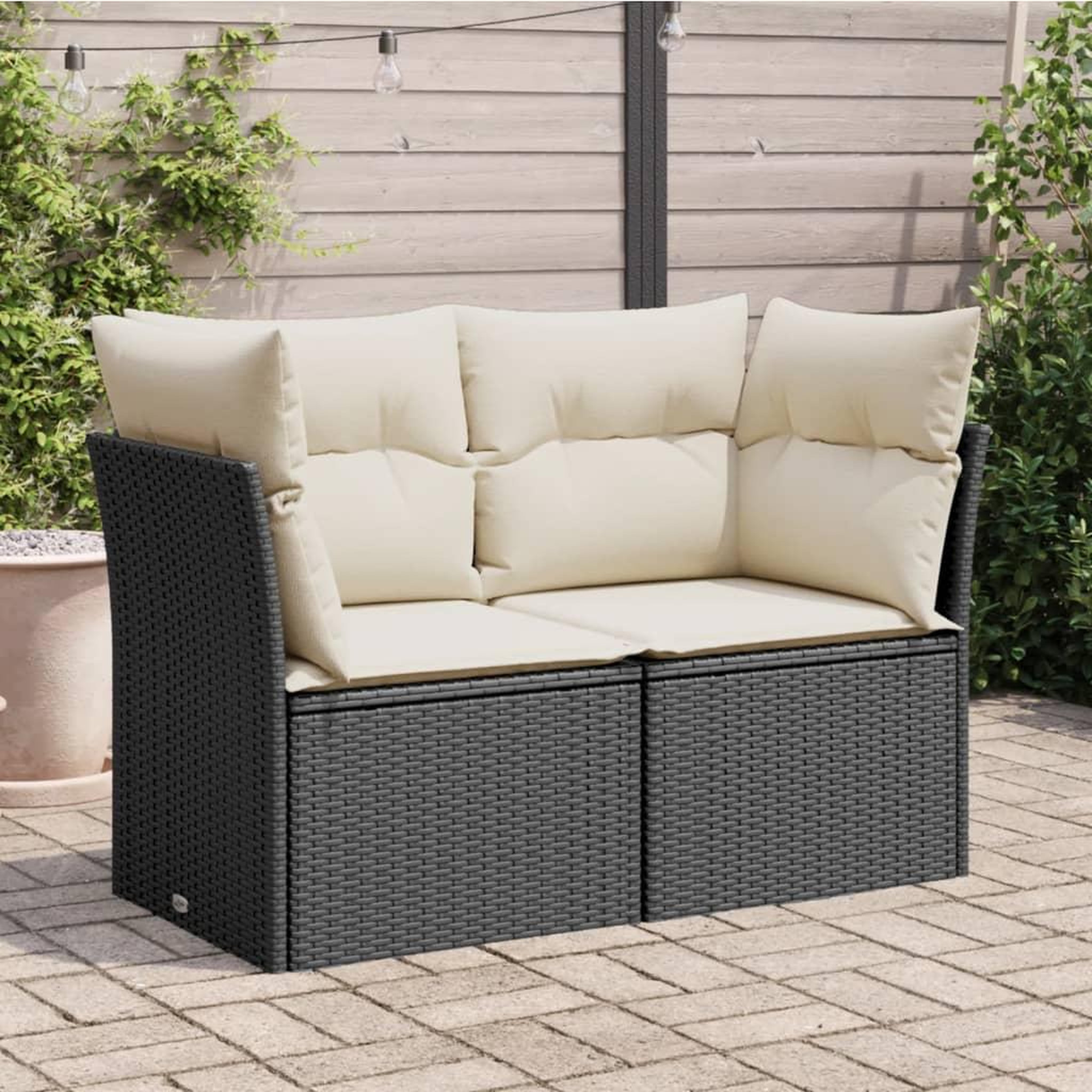 VIDAXL Canape de jardin avec coussins 2 places noir resine tressee