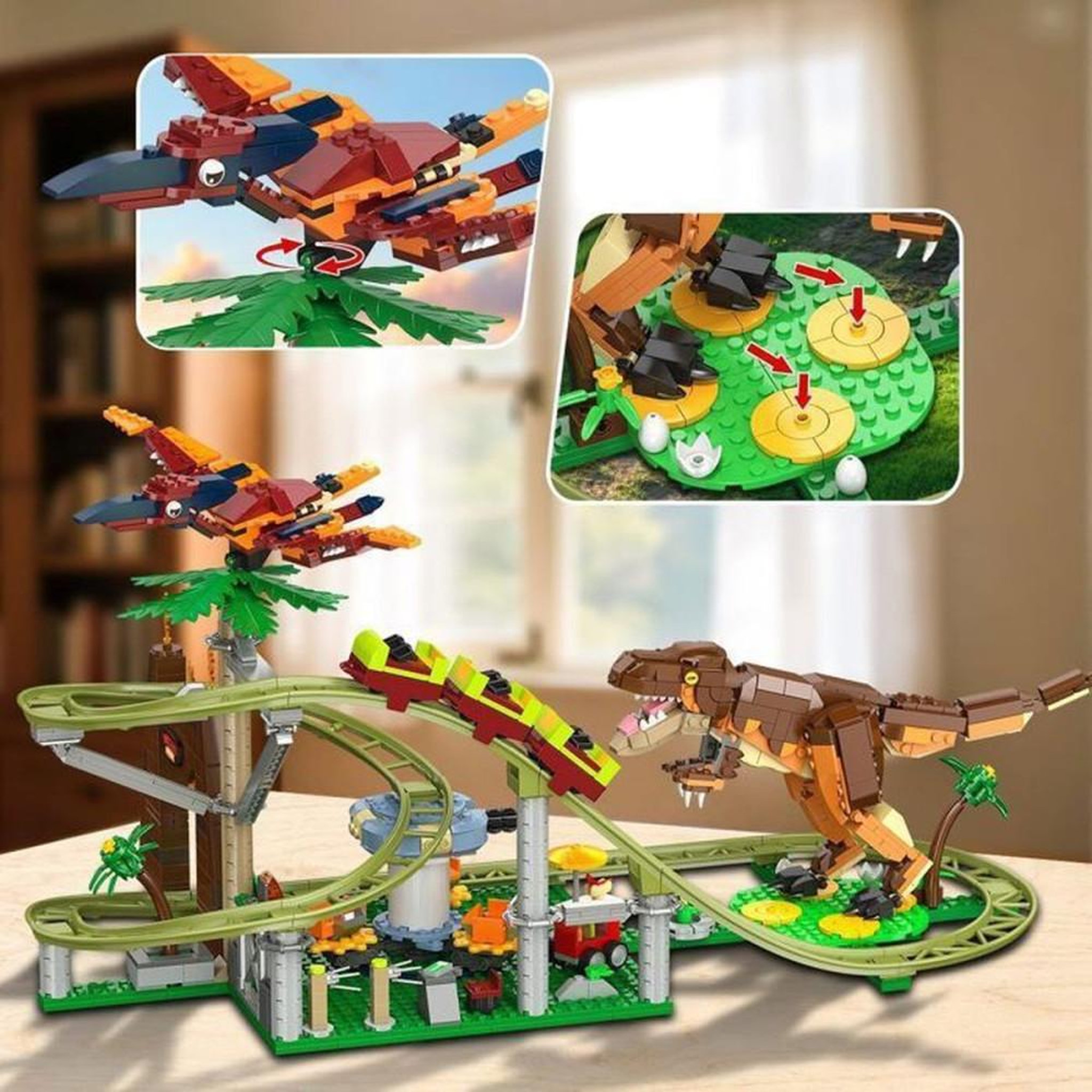 Voir la diapositive 3 : Kit de construction roller coaster dinosaures 1222 pièces, piste verte, 4 figurines et véhicules jungle