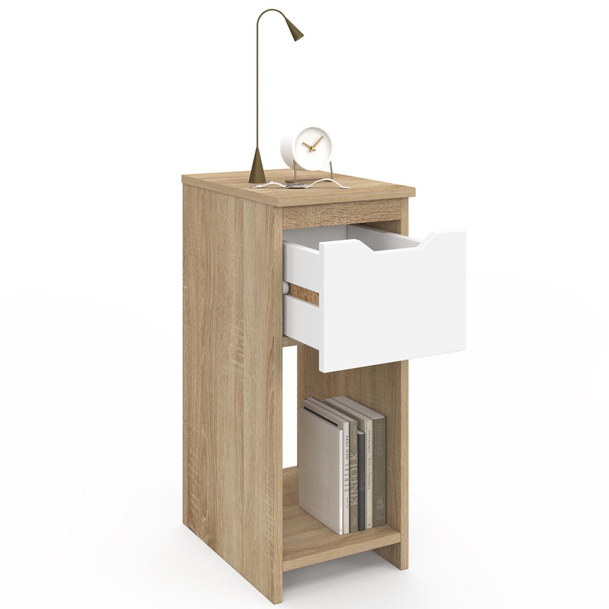 Voir la diapositive 6 : ID MARKET Lot de 2 tables de chevet étroites ANOUK 1 tiroir avec niche bois façon hêtre et blanc