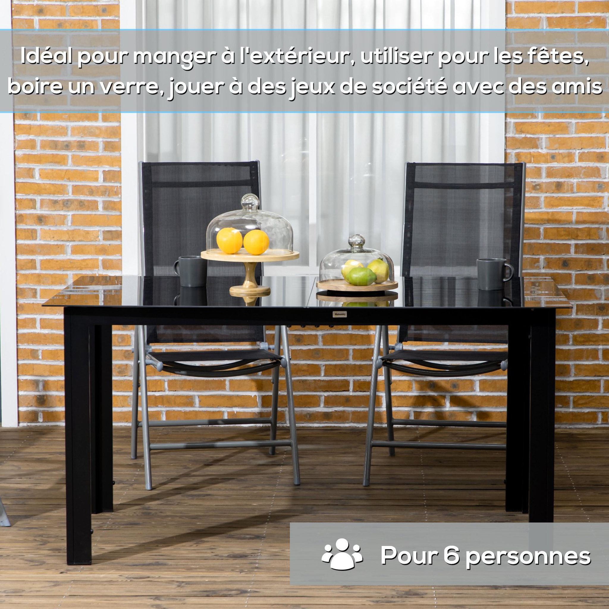 Voir la diapositive 6 : OUTSUNNY Table de jardin rectangulaire 6 personnes dim. 150L x 90l x 74H cm alu. plateau verre trempé noir