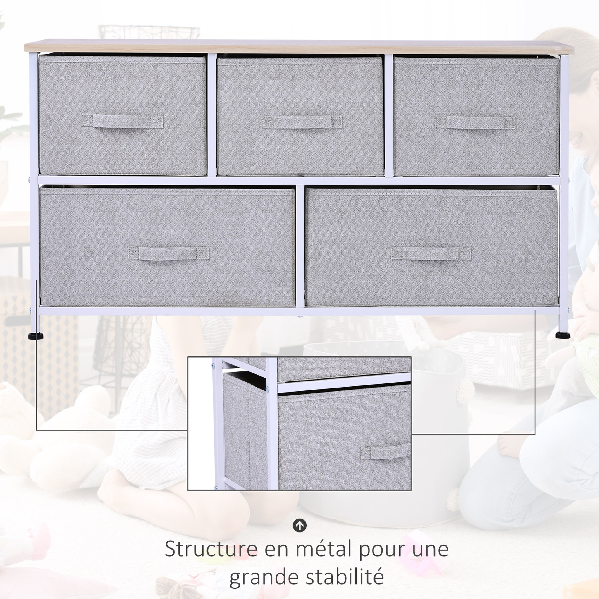 Voir la diapositive 5 : HOMCOM Commode meuble de rangement dim. 100L x 30l x 54H cm 5 tiroirs non-tissés gris structure métal blanc plateau MDF bois clair