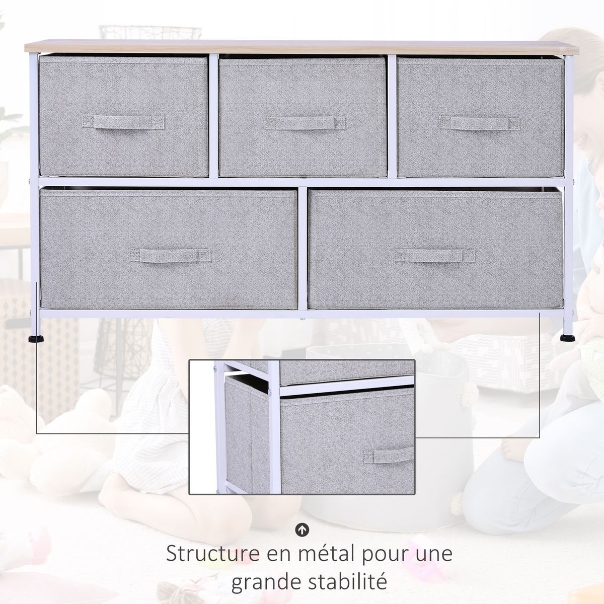 HOMCOM Commode meuble de rangement dim. 100L x 30l x 54H cm 5 tiroirs non-tissés gris structure métal blanc plateau MDF bois clair