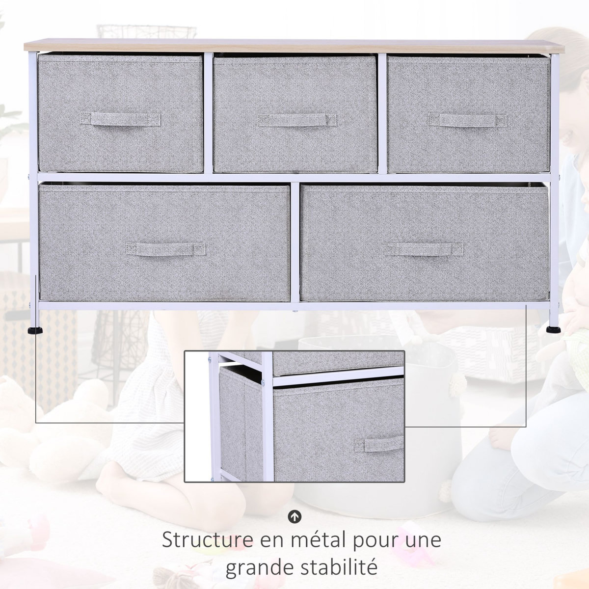 HOMCOM Commode meuble de rangement dim. 100L x 30l x 54H cm 5 tiroirs non-tissés gris structure métal blanc plateau MDF bois clair