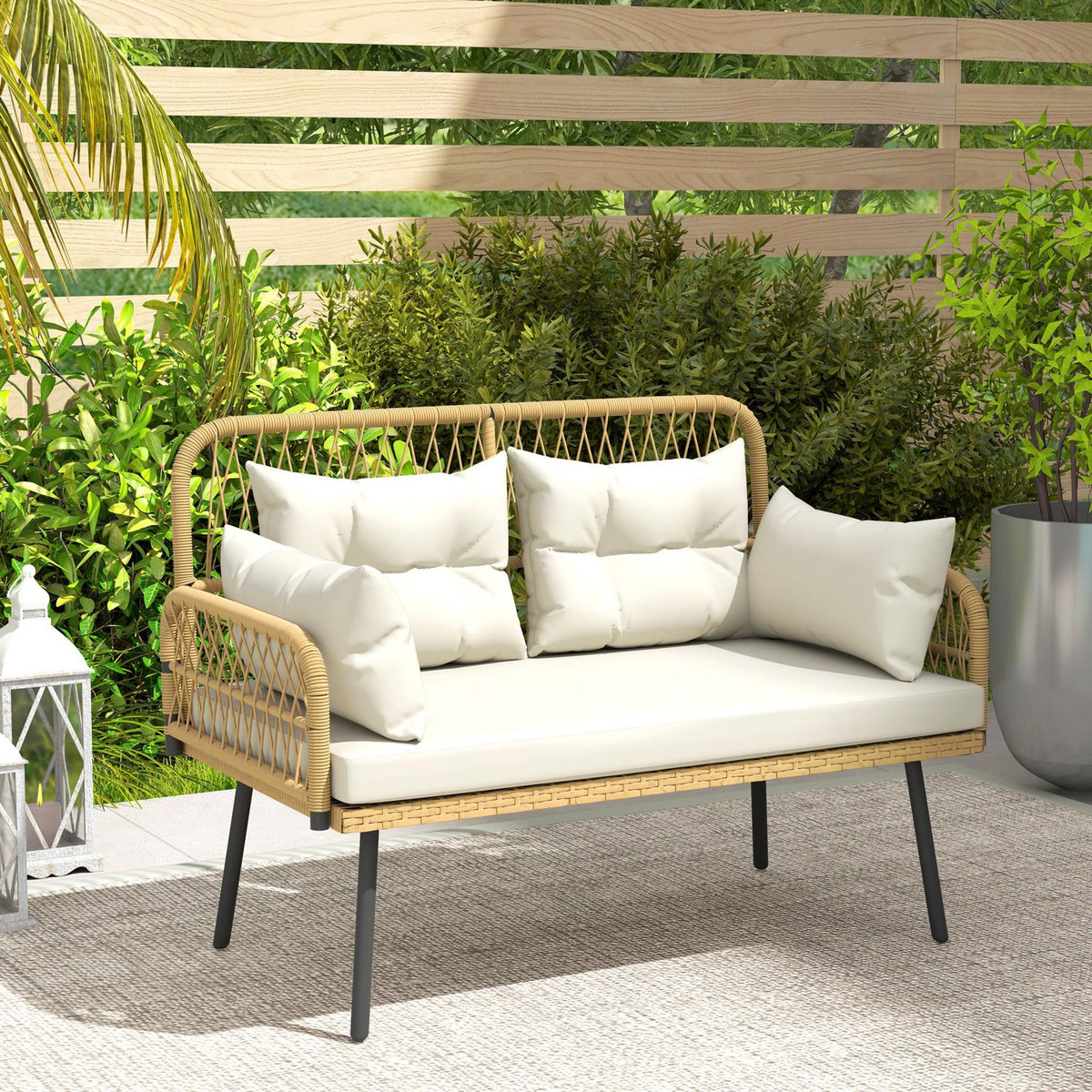 OUTSUNNY Canapé de jardin 2 places style colonial 5 coussins beige résine tressée aspect rotin