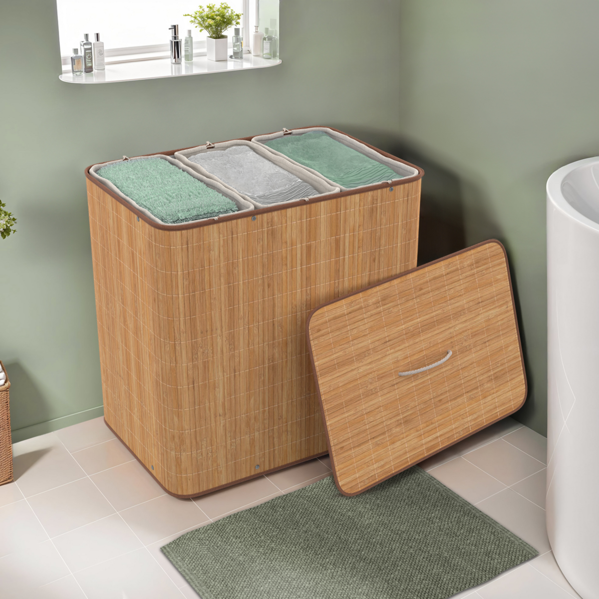 ID MARKET Panier à linge 3 bacs amovibles bambou ALBA tissu écru