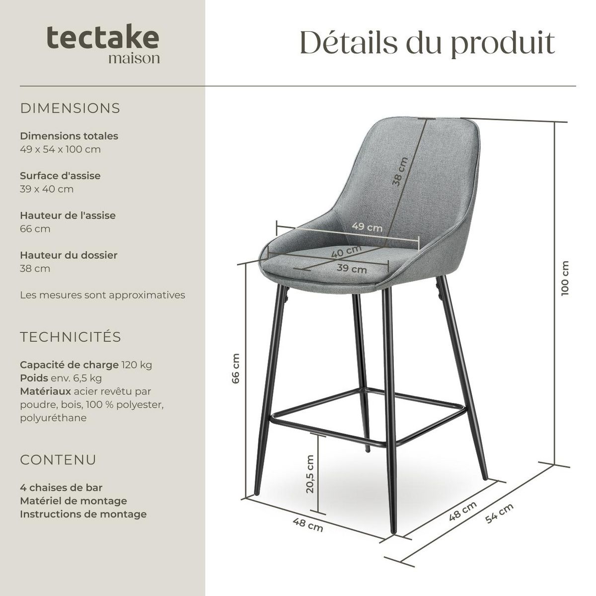 tectake Chaise de bar rembourrée avec une housse douce Tissu gris/noir Ensemble de 4 pièces