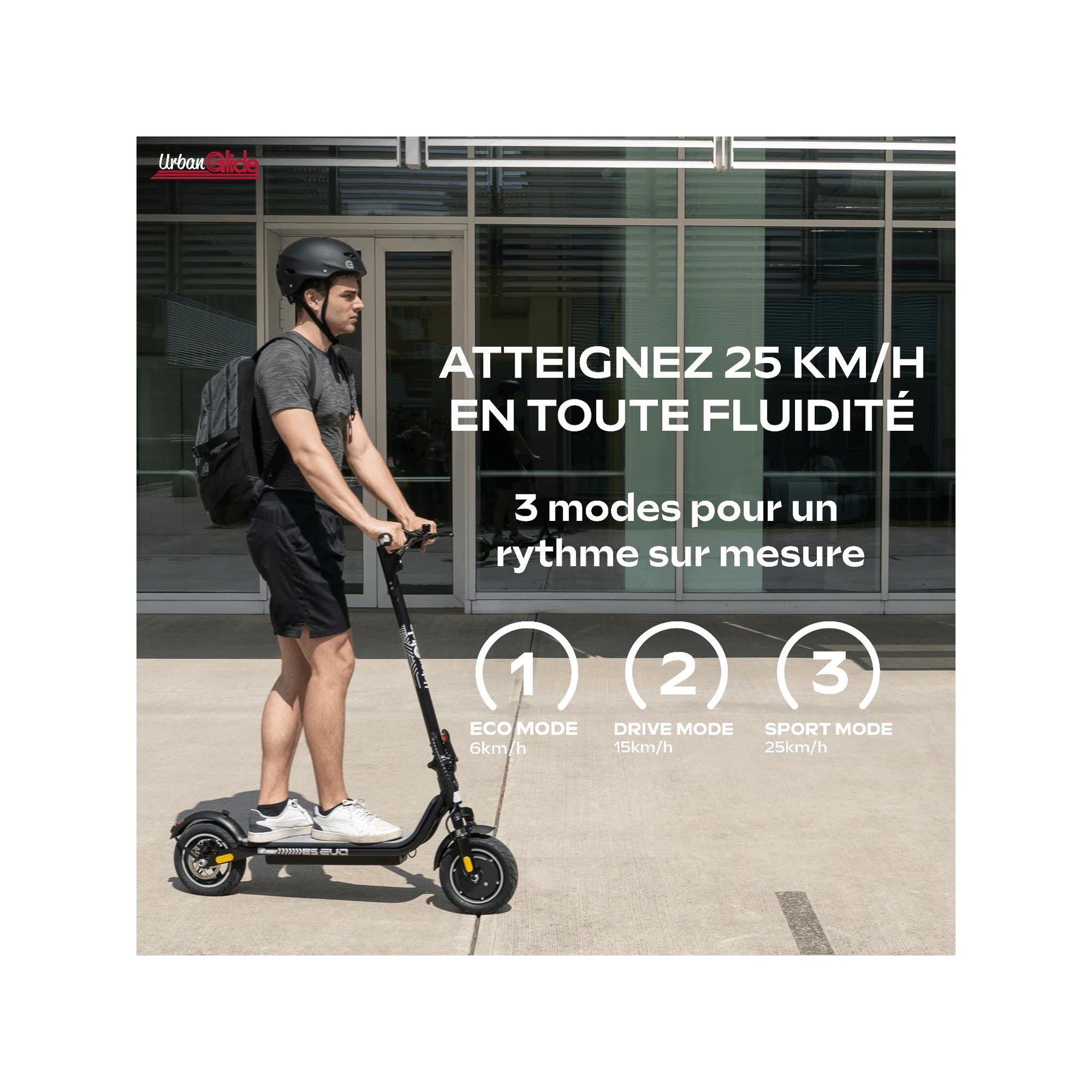 Voir la diapositive 3 : URBANGLIDE Trottinette Électrique Adulte URBANGLIDE 85 EVO, Autonomie 20 Km, Vitesse Max 25 Km/h, Pliable, Suspension Avant Double, Frein à Disque Arrière, Pneus 8,5