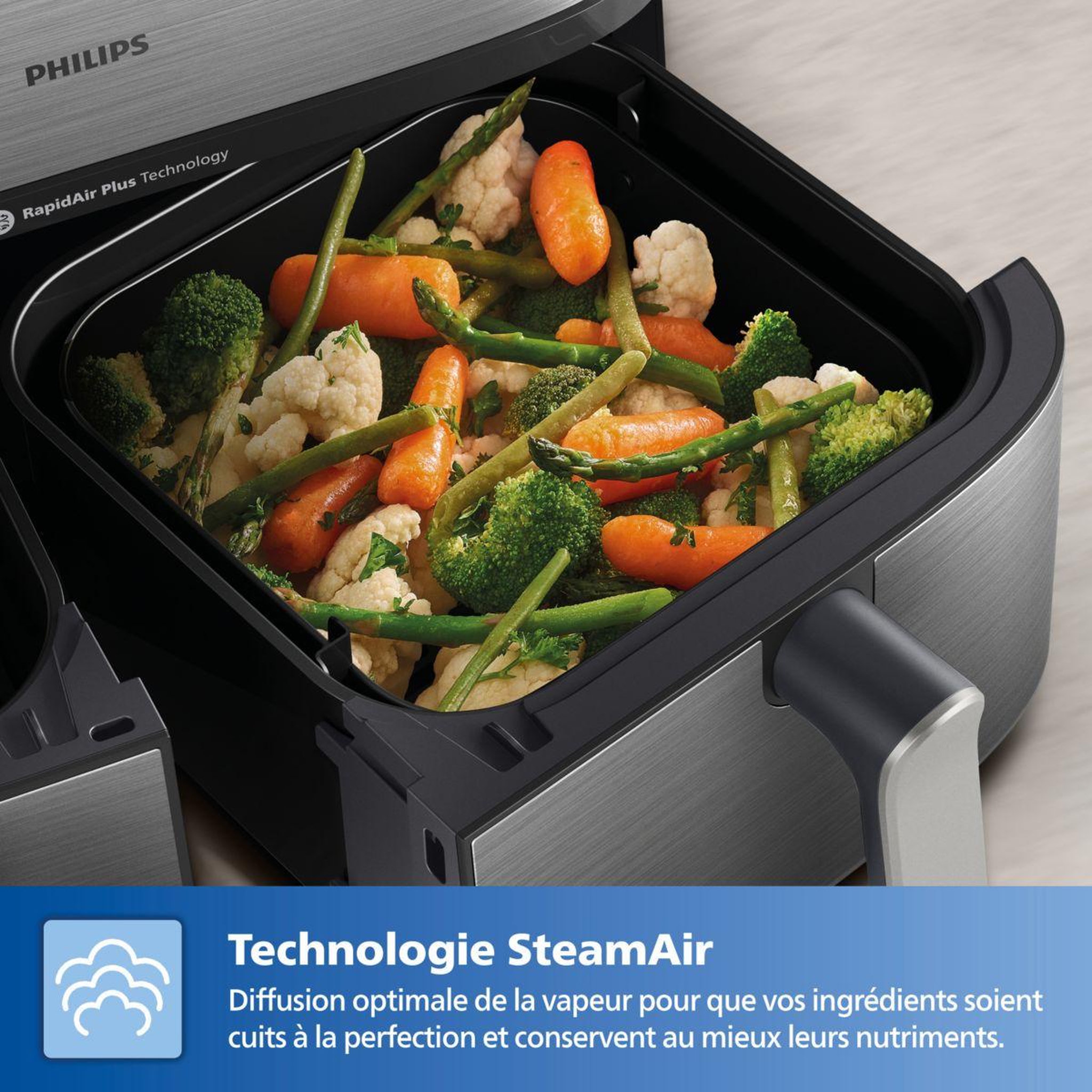 Voir la diapositive 3 : Philips Airfryer na555/00 friteuse sans huile double panier + vapeur métal, série 5000 9l (3+6l)