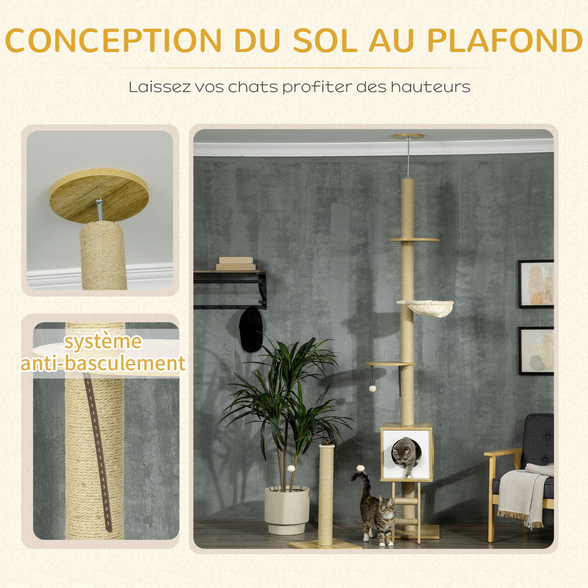 Voir la diapositive 5 : PAWHUT Arbres à chat 2 pièces style nordique - hauteur réglable 225-285h cm - multi-équipement - panneaux aspect chêne clair jute