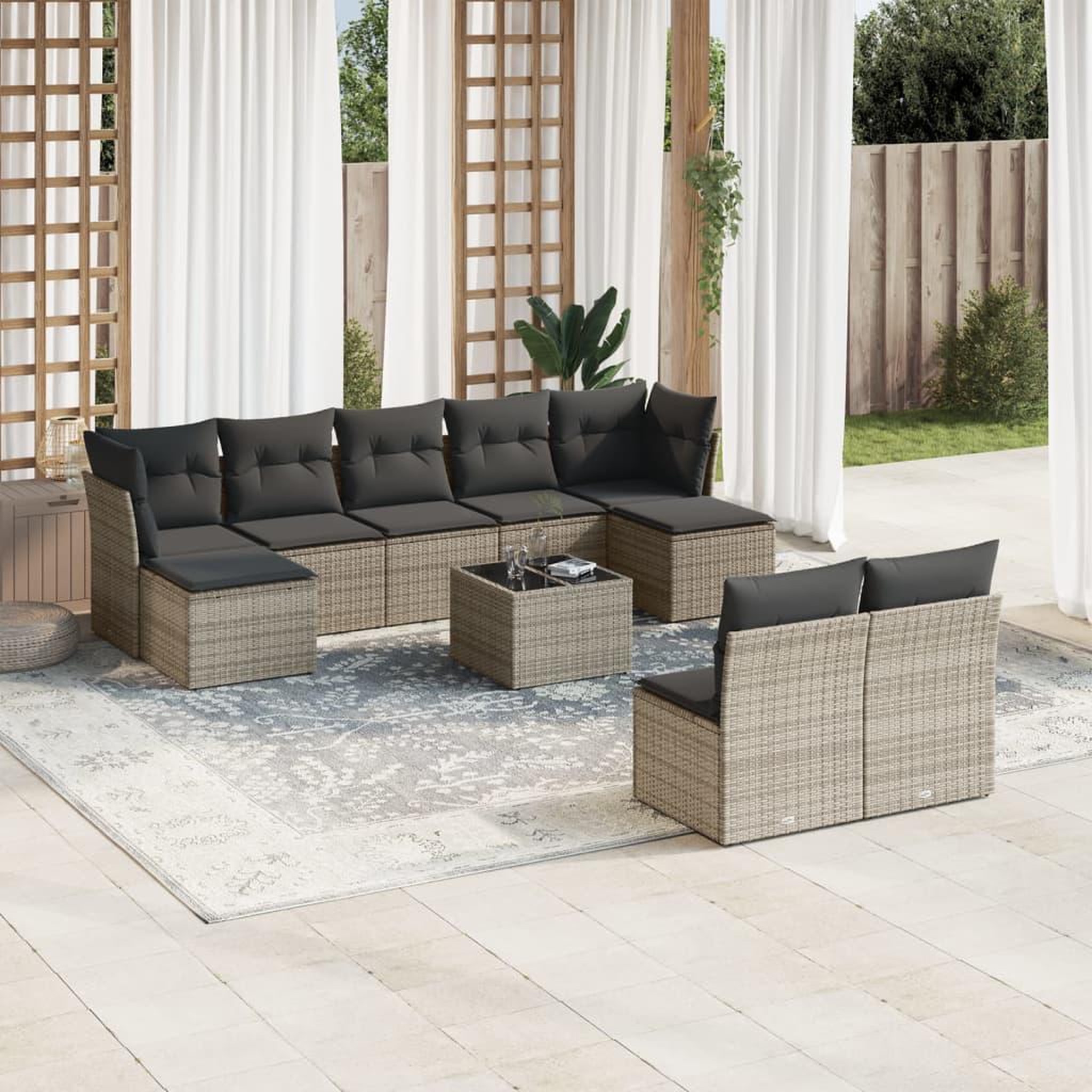 VIDAXL Salon de jardin avec coussins 10 pcs gris resine tressee
