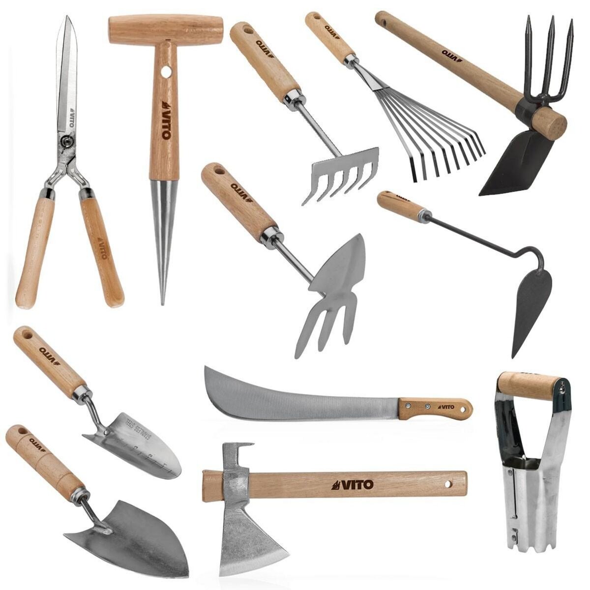 VITO Kit 12 outils de jardin Manche bois Inox et Fer forgés à la main haute qualité traditionnelle  VITO