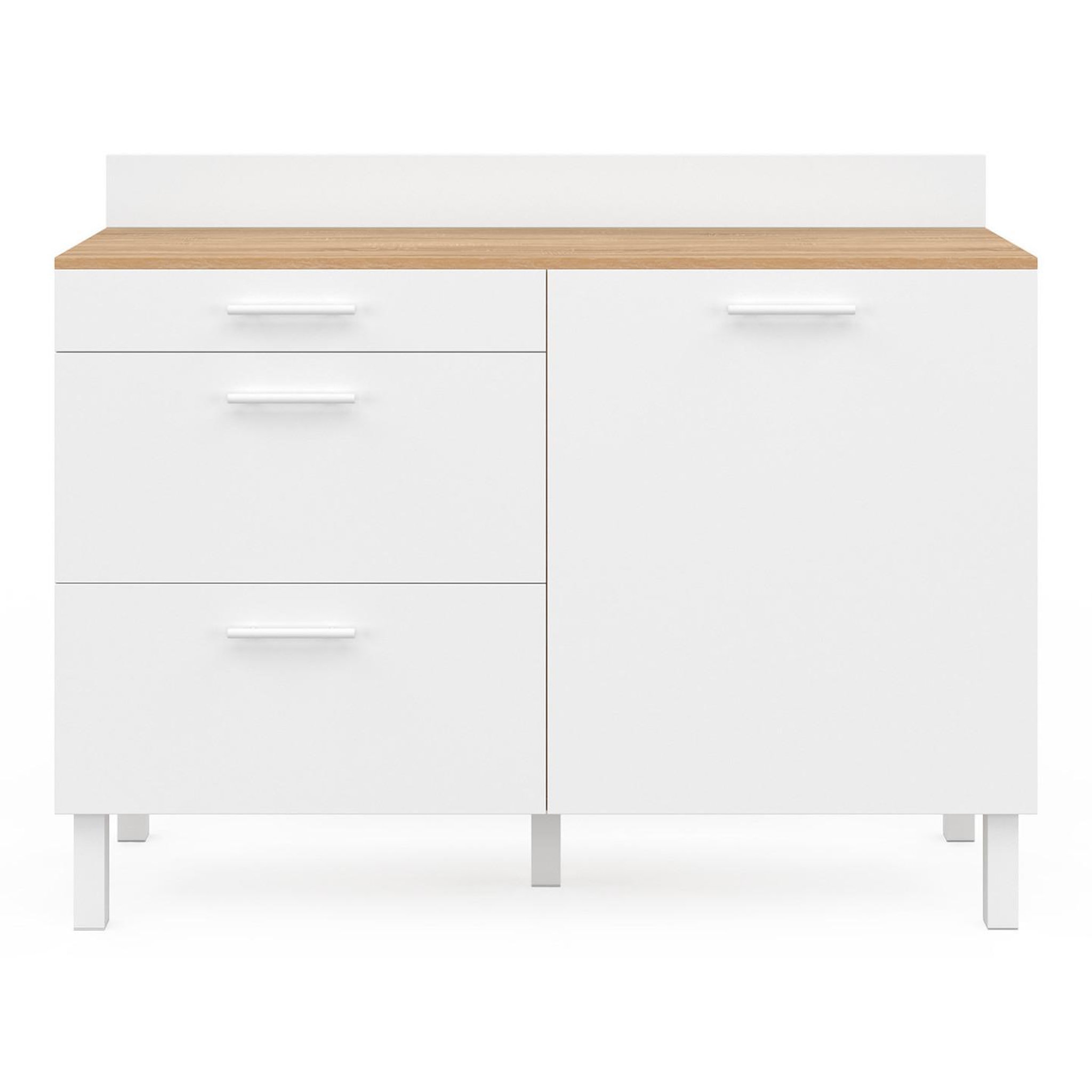 Voir la diapositive 4 : ID MARKET Buffet bas de cuisine 120 cm casserolier cina plan de travail h.83 cm 1 porte + 3 tiroirs façon hêtre et blanc