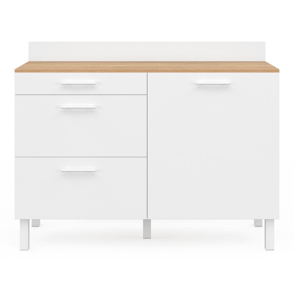 ID MARKET Buffet bas de cuisine 120 cm casserolier CINA plan de travail H.83 cm 1 porte + 3 tiroirs façon hêtre et blanc