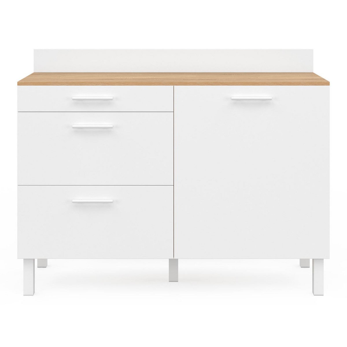 ID MARKET Buffet bas de cuisine 120 cm casserolier CINA plan de travail H.83 cm 1 porte + 3 tiroirs façon hêtre et blanc