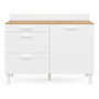 Voir la diapositive 4 : ID MARKET Buffet bas de cuisine 120 cm casserolier CINA plan de travail H.83 cm 1 porte + 3 tiroirs façon hêtre et blanc