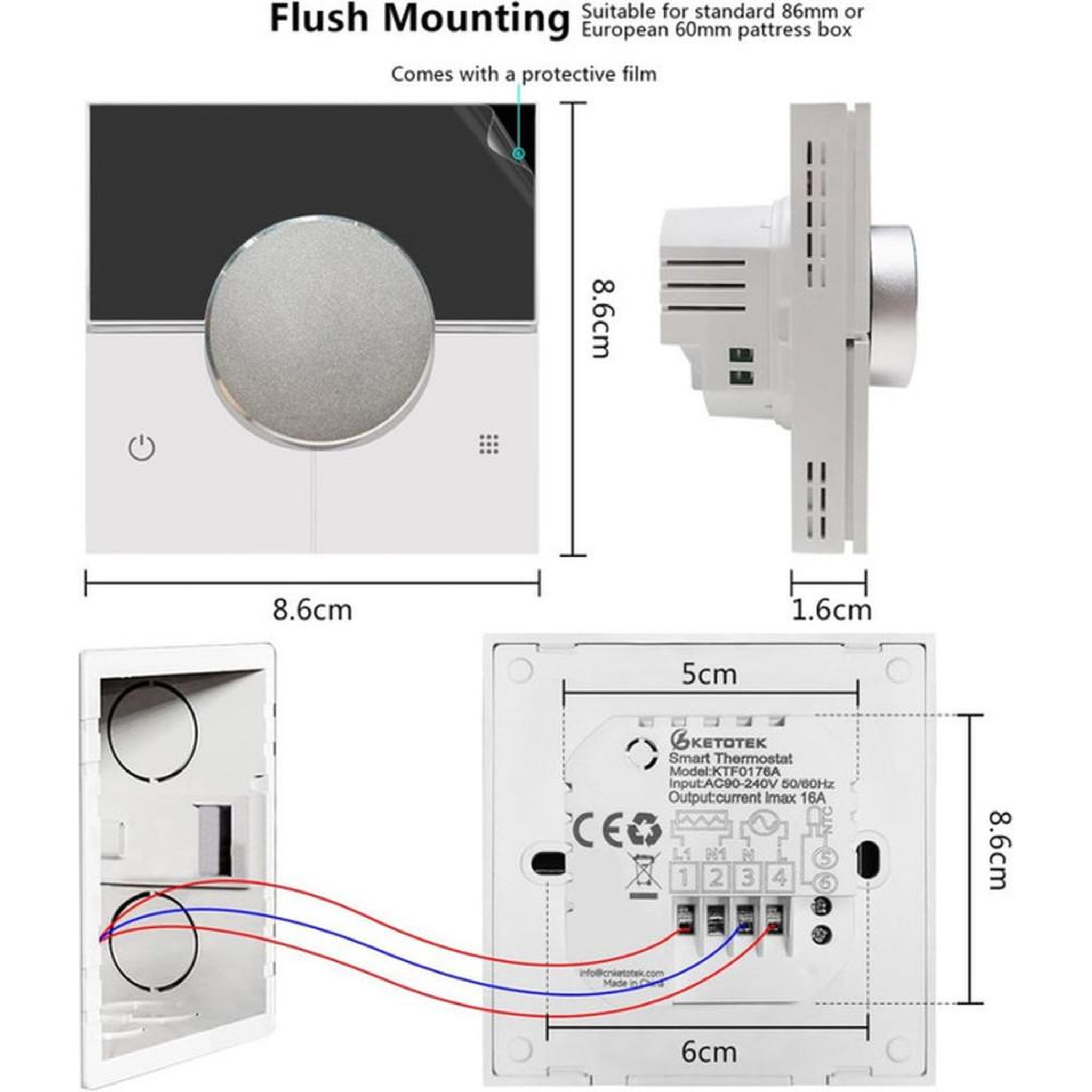 Voir la diapositive 6 : Thermostat Wi‑Fi connecté pour chauffage au sol électrique, capteur double, Alexa, 16A, KTF0176A