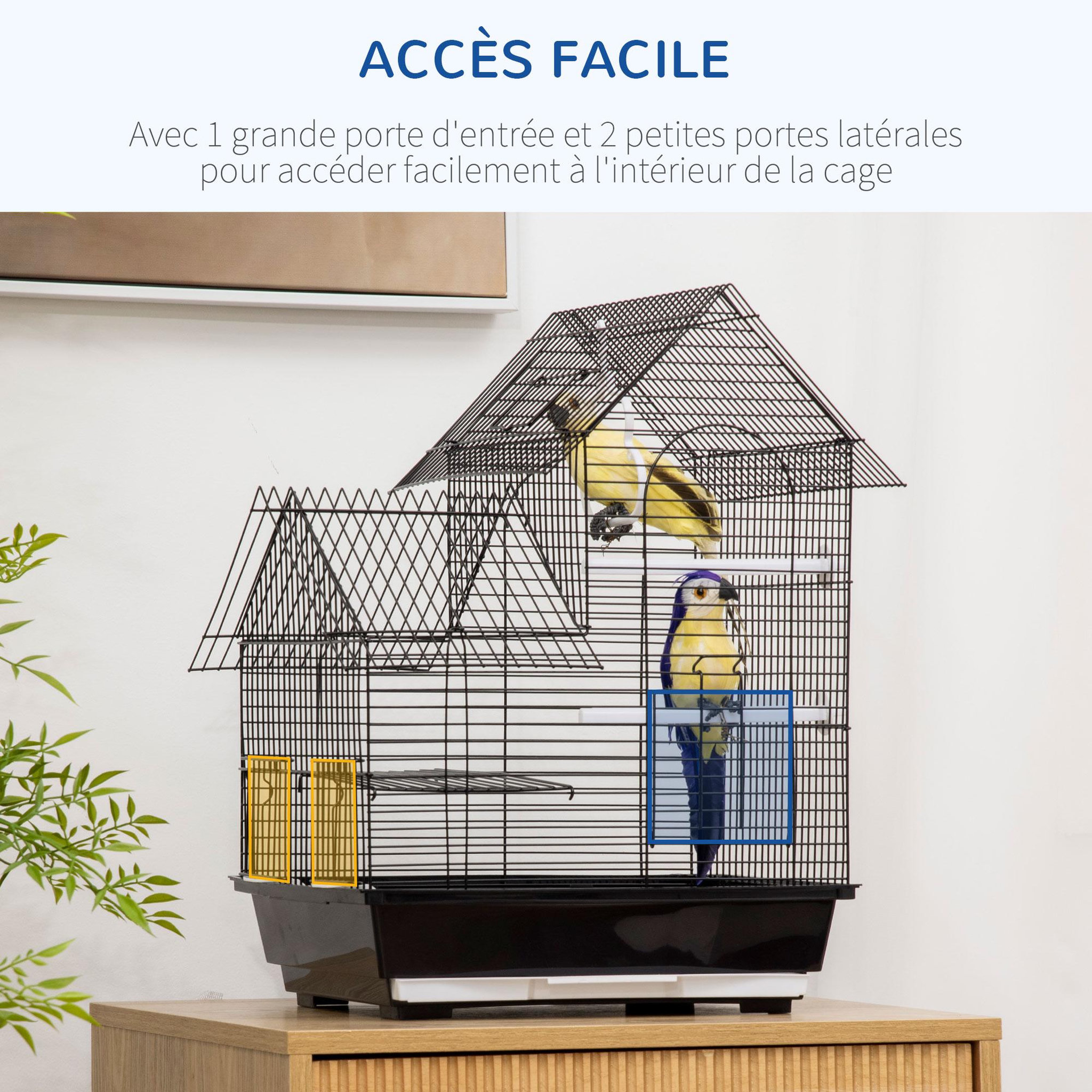 Voir la diapositive 6 : PAWHUT Cage à oiseaux design maison mangeoires perchoirs balançoire 2 portes plateau excrément amovible + poignée transport métal noir
