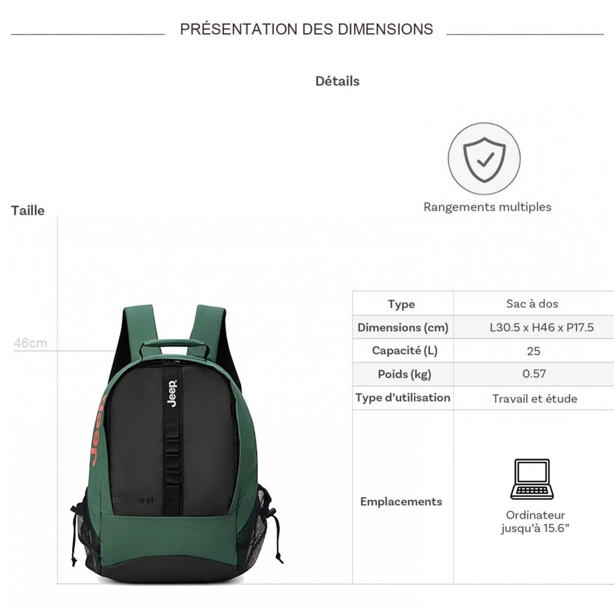 Jeep Sac à dos porte-ordinateur JS011B 15.6