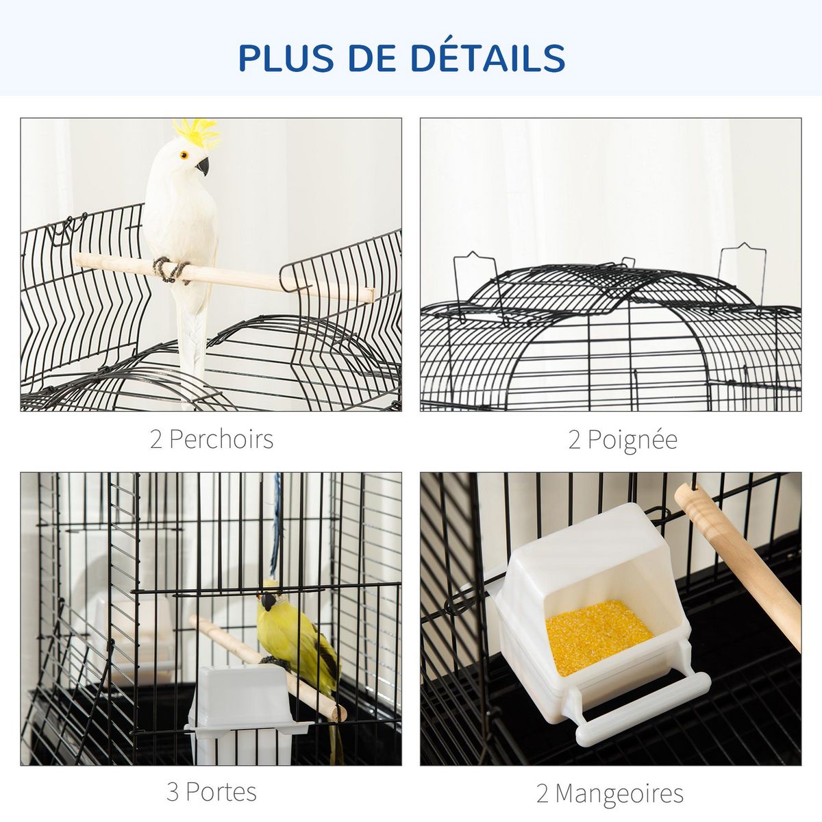 PAWHUT PawHut Cage à oiseaux volière amovible sur roulettes - toit ouvrant, tiroir déjection, 2 perchoirs, 2 trappes, porte, 2 mangeoires, 2 poignées - étagère - acier PP noir