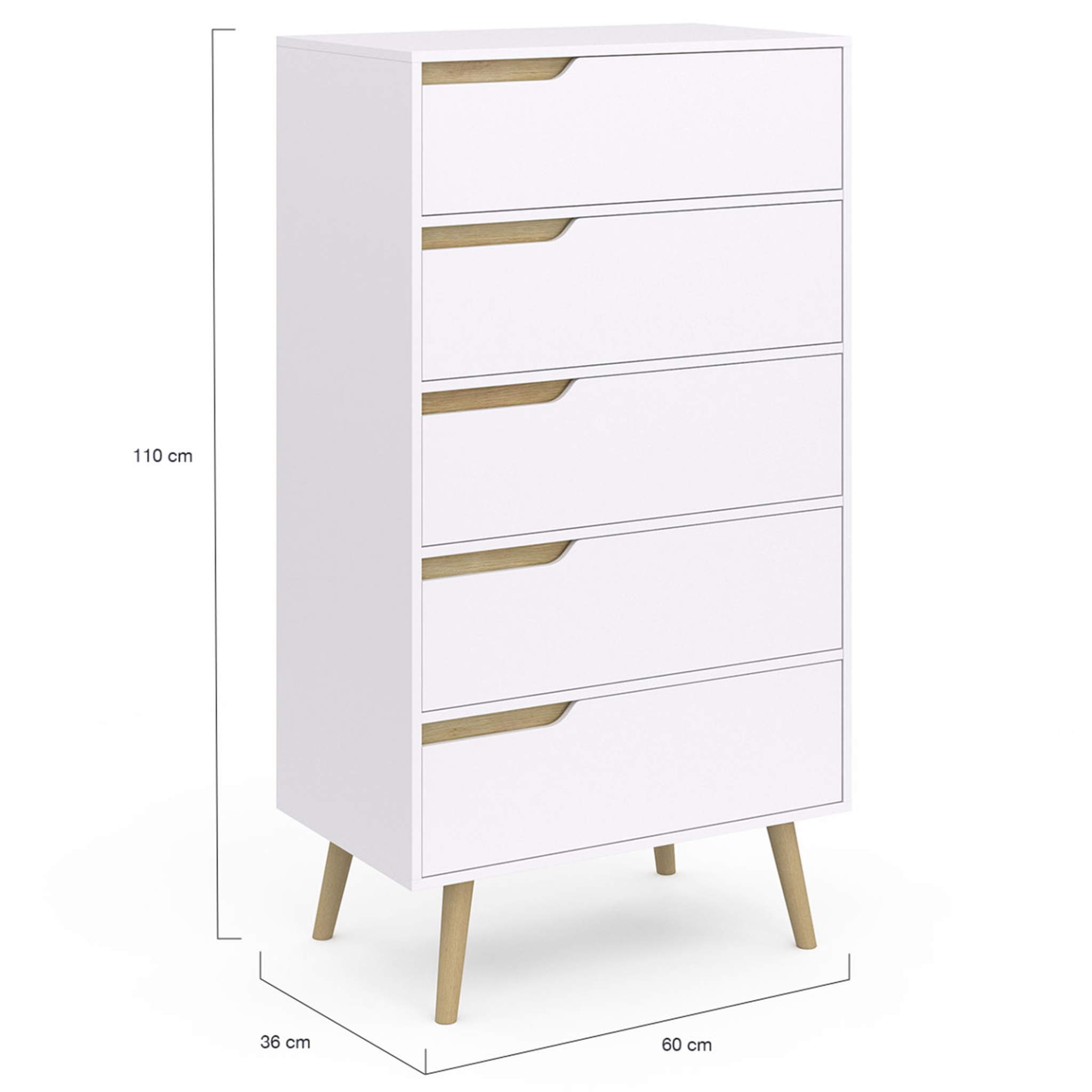 Voir la diapositive 5 : ID MARKET Chiffonnier 5 tiroirs helsinki 60x36x110 cm commode semainier blanc design scandinave