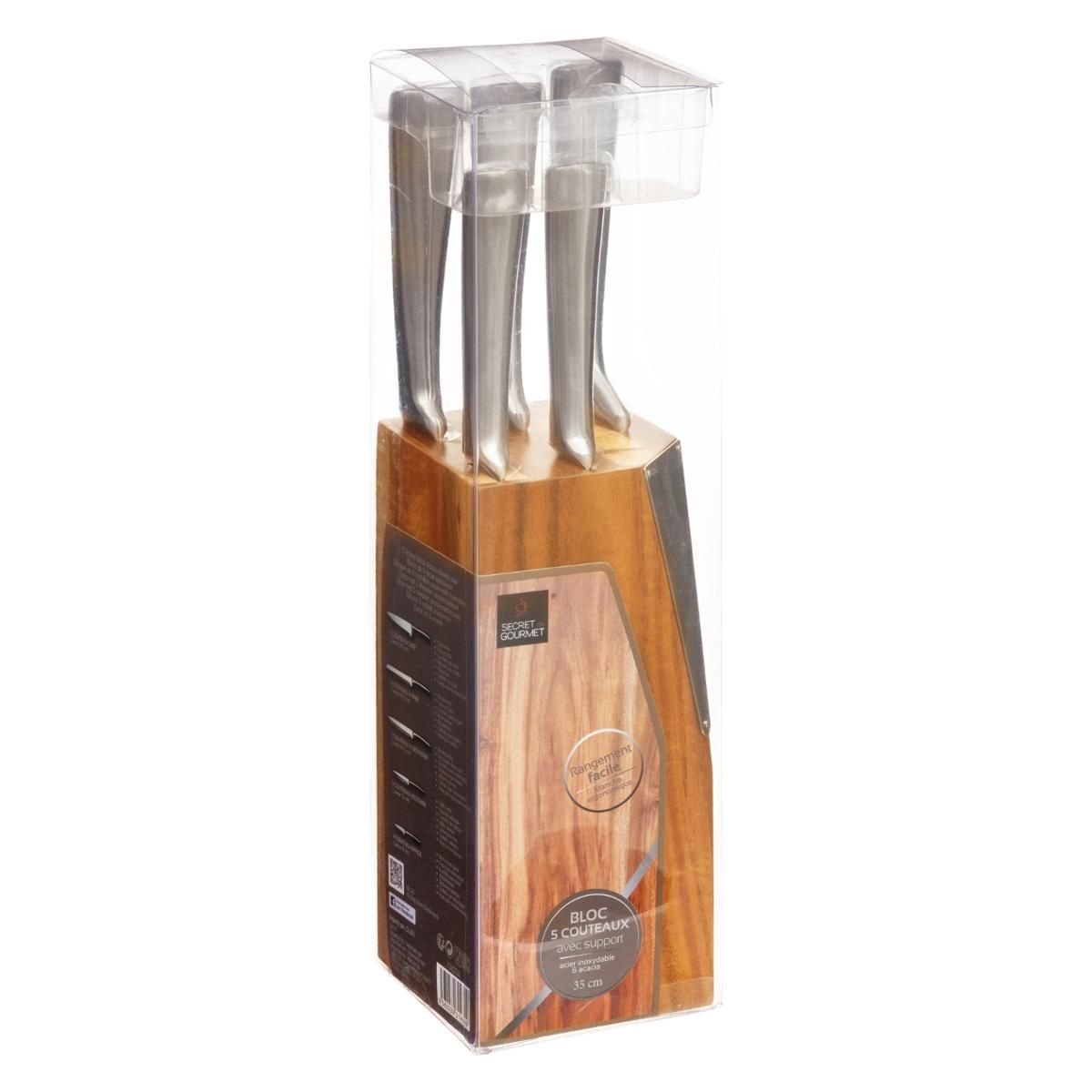 SECRET DE GOURMET Bloc de 5 couteaux  avec support en Acacia