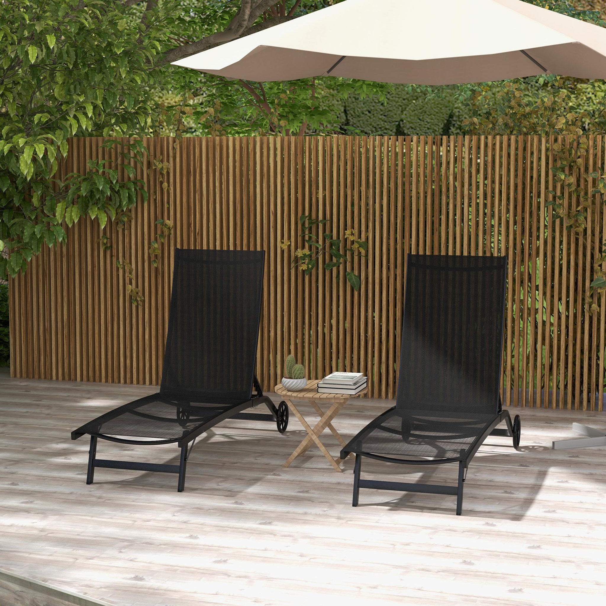 Voir la diapositive 4 : OUTSUNNY Lot de 2 bains de soleil transats inclinables - 2 roulettes - alu. textilène noir