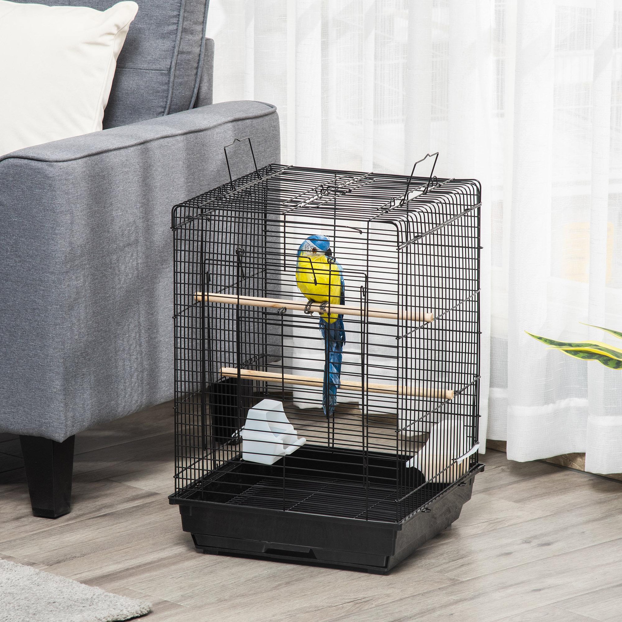Voir la diapositive 2 : PAWHUT Cage à oiseaux 2 mangeoires 2 perchoirs toit ouvrant plateau excrément amovible poignée transport métal PS noir