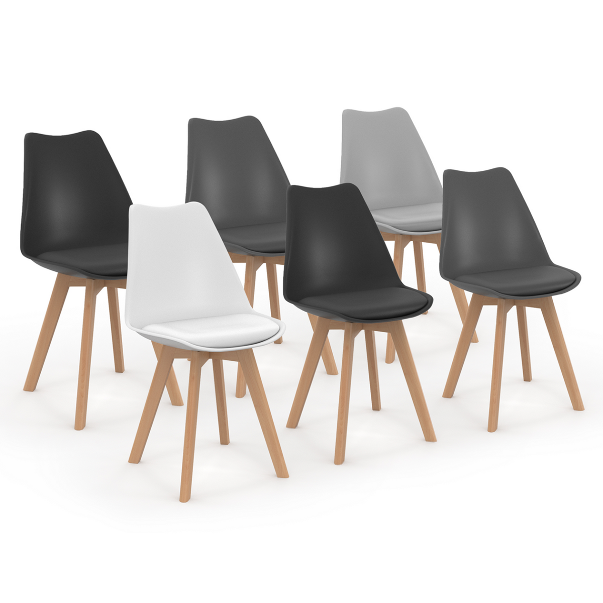 ID MARKET Lot de 6 chaises scandinaves SARA mix color gris clair, blanc, gris foncé x2, noir x2