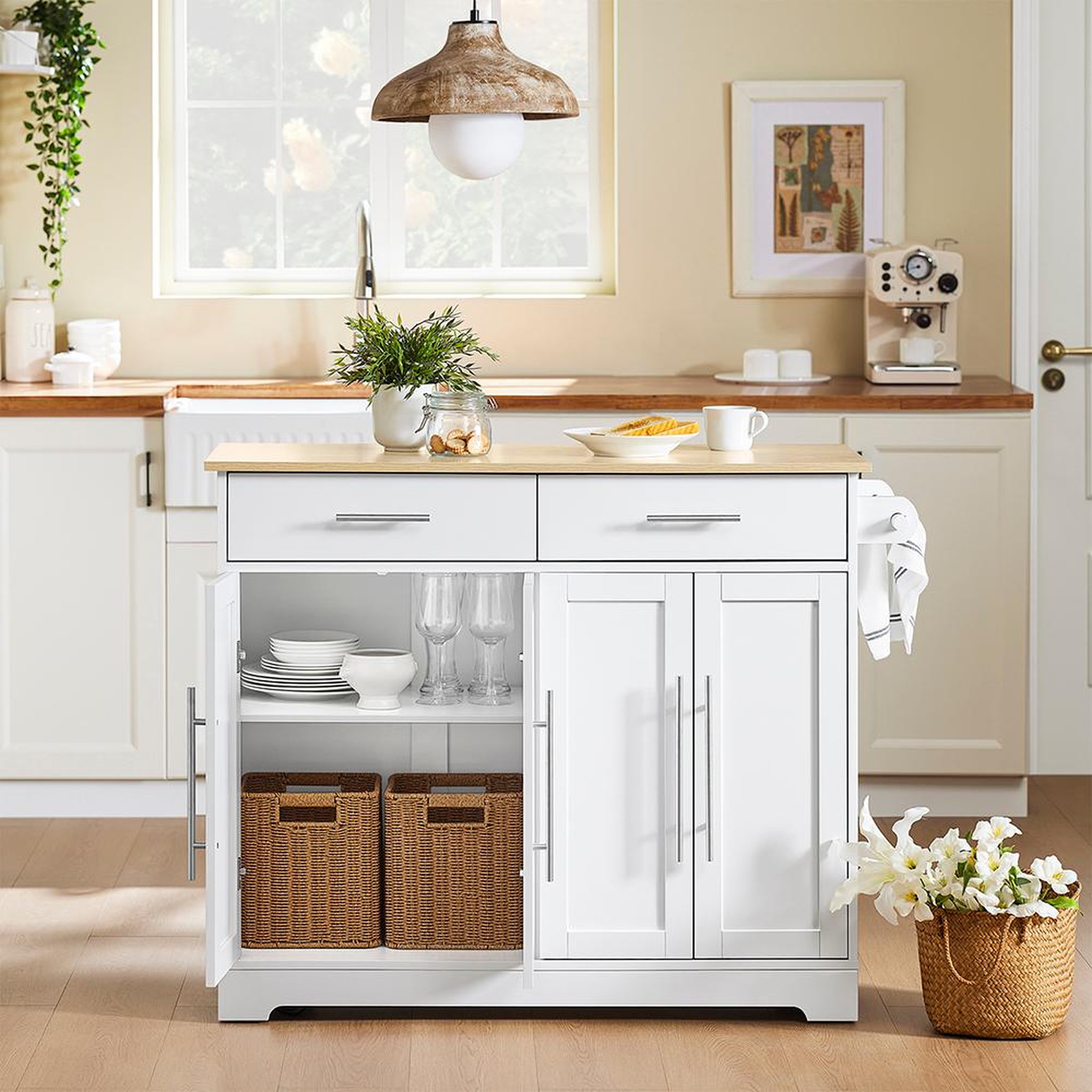 Voir la diapositive 4 : SOBUY SoBuy - Îlot De Cuisine à deux tiroirs - Blanc - 107x44x91cm - Nordique - FKW129-NW